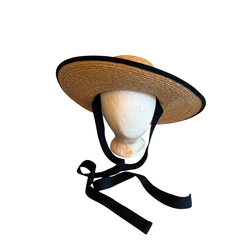 Straw Boater Hat Tan Black Wide Brim Ribbon Tie Sun Hat Flat Crown